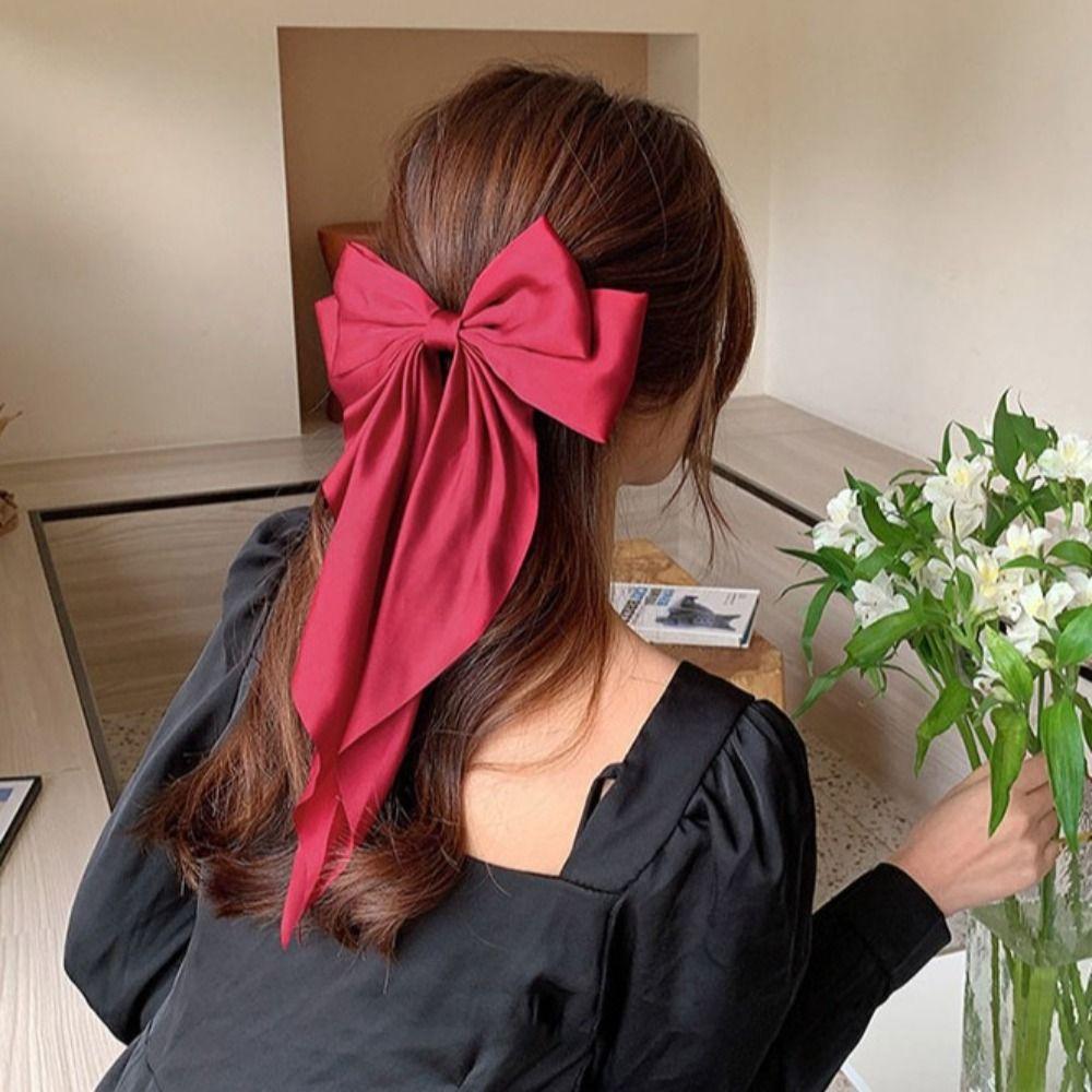 

Retro Chiffon Cloth Spring Clip Korean Big Ribbon Top Clip High Ponytail Hair Accessory вино красного