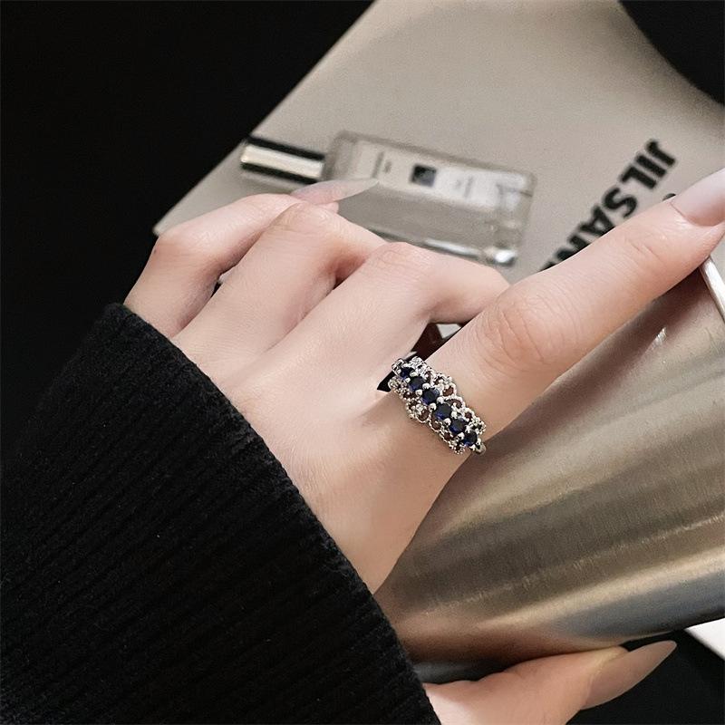 Aquamarine Series Open Ring Inlaid With Zircon Color Treasure Exquisite Light Luxury Cold Wind Temperament Ring Woman