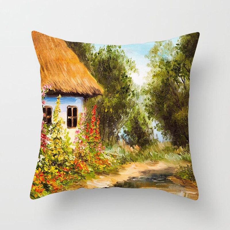 Retro Sofa Chair Home Decoration Oil Painting Pillowcase Pastoral Scenery Flower and Bird Cushion Cover Living Room Ornament
