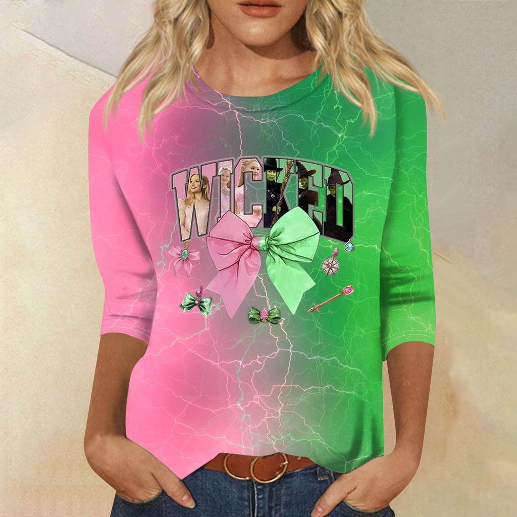 Women's Fashionable Casual Three-Quarter Sleeve Printed Round Neck Top