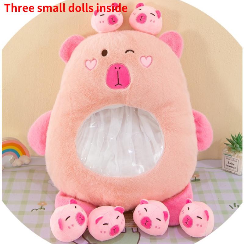 Cute Capybara Stuffed Toy Pillow Bag With Six Mini Plushies Stress-relief Dolls