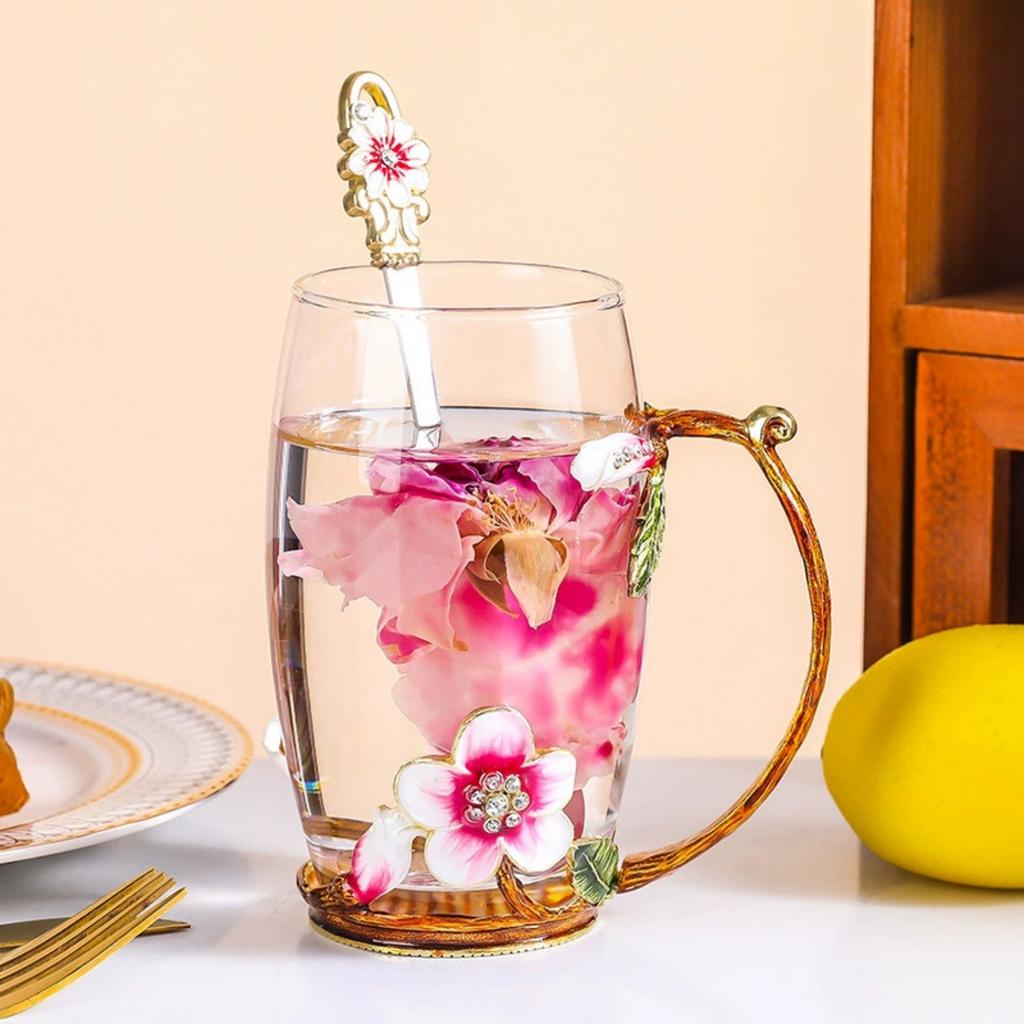 Handmade Enamel Butterfly Flower Glass Coffee Mugs Tea Cup with Spoon,Birthday Christmas Gifts for Her Women Mum Friends Teacher Valentines