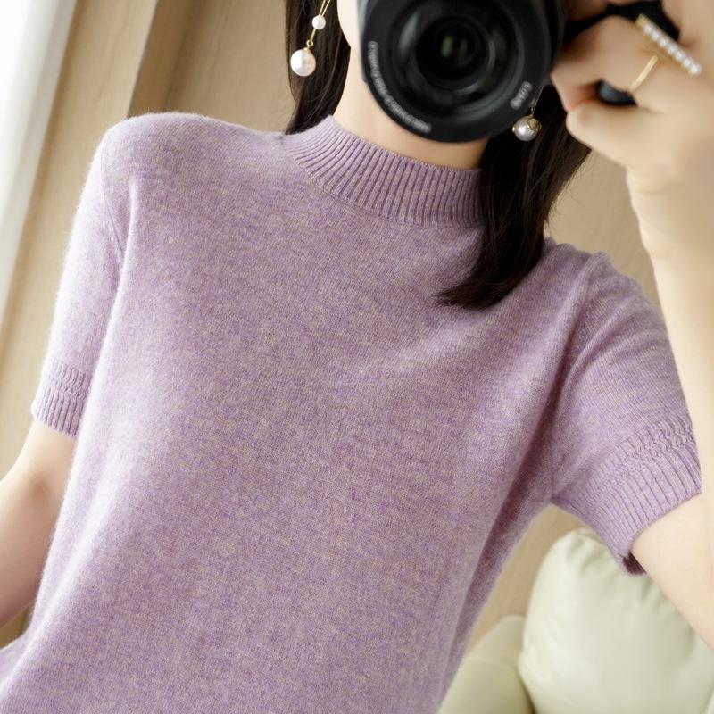 Elegante Suéter de Punto de Manga Corta con Cuello Medio Alto - Estilo Socialité Primavera y Otoño, Capa Base de Corte Holgado