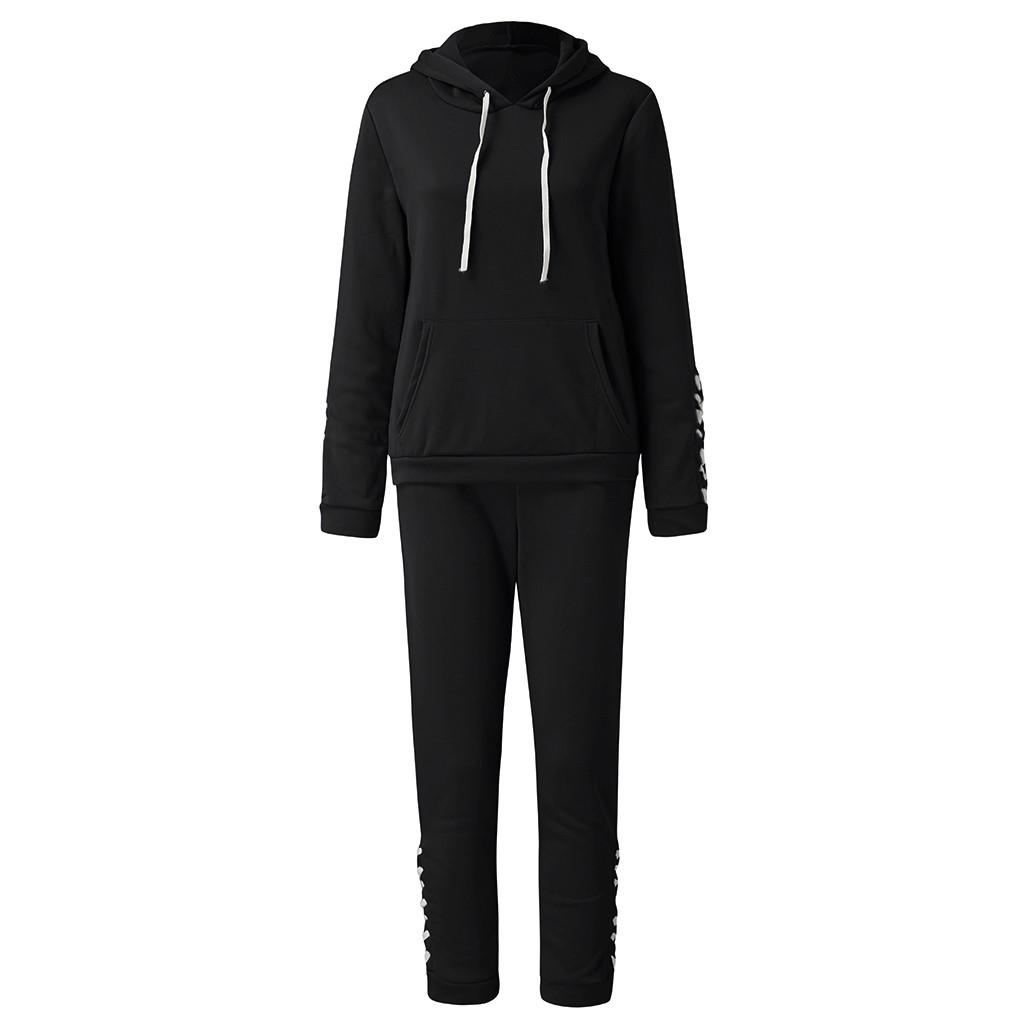 Fashion Women Casual Stripe Lace Long Sleeve Pullove Sport Tops+Long Pants Set