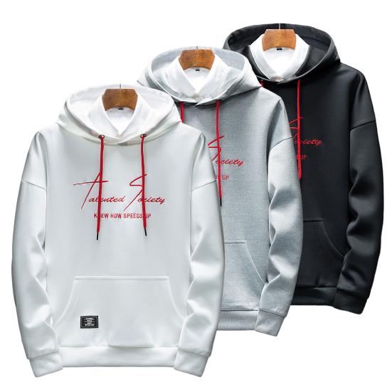Men Autumn Hoodie Solid Color Letter Pattern Hooded Hat Long Sleeves Loose Streetwear Elastic Cuff Warm Winter Hoodie Men Clothes