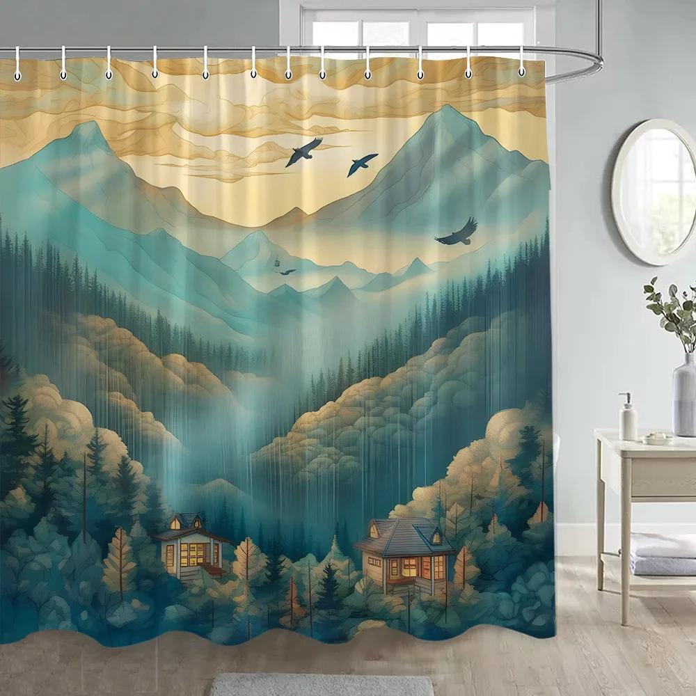 Japanese Landscape Shower Curtains Cherry Blossom Koi Fish Lotus Abstract Mountain Sea Waves Polyester Bathroom Decor with Hooks