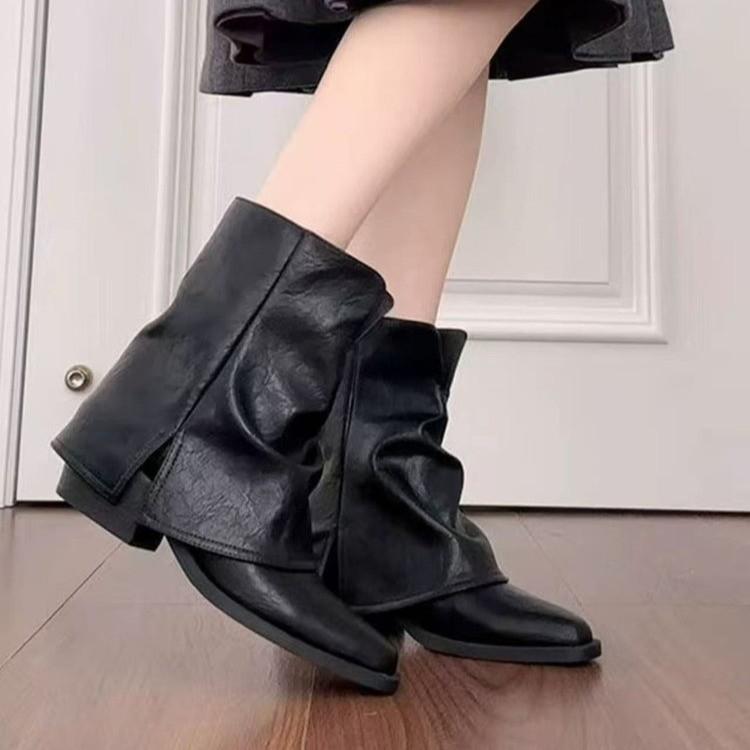 Fashion Elegant Thick Heel White Ankle Boots Women 2025 Autumn Pointed Toe Medium Heel Black Pleated Chelsea Boots Solid Woman's Shoes