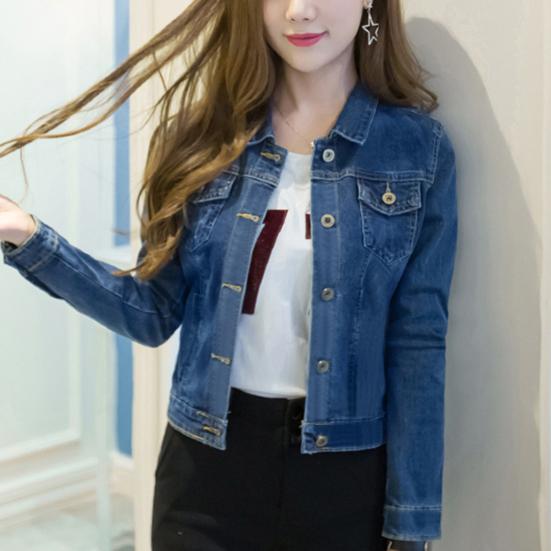 Damen Kurze Jeansjacke Slim Umlegekragen Langarm Knopfleiste Denim Oberbekleidung