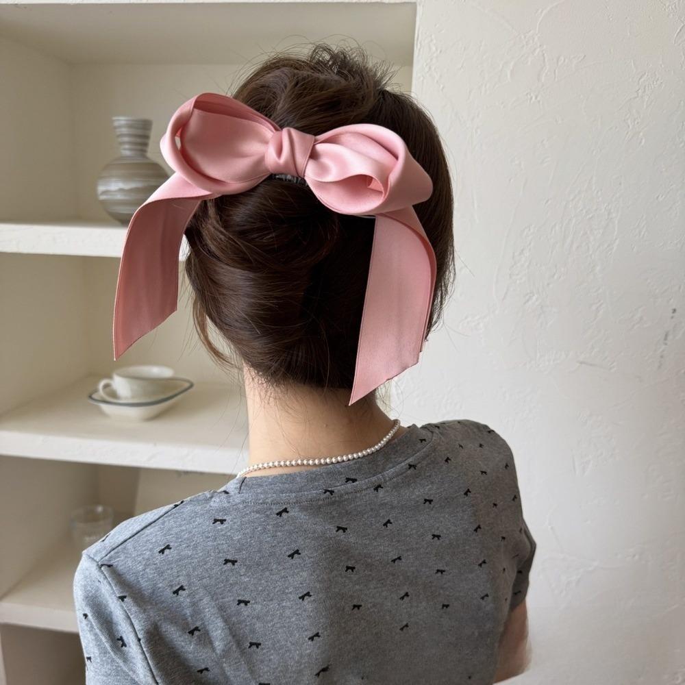 Korean Style Solid Color Bow Ribbon Hair Claw 3D Bow Elegant Hair Clip Large Size Hair Claw Clip Daily Use розовый