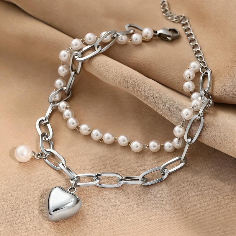 

Stainless Steel Heart Pearls Charm Bracelet for Women Fashion Girls Elegant Bangle Wrist Zircon Party Birthday Gift Bijoux медный