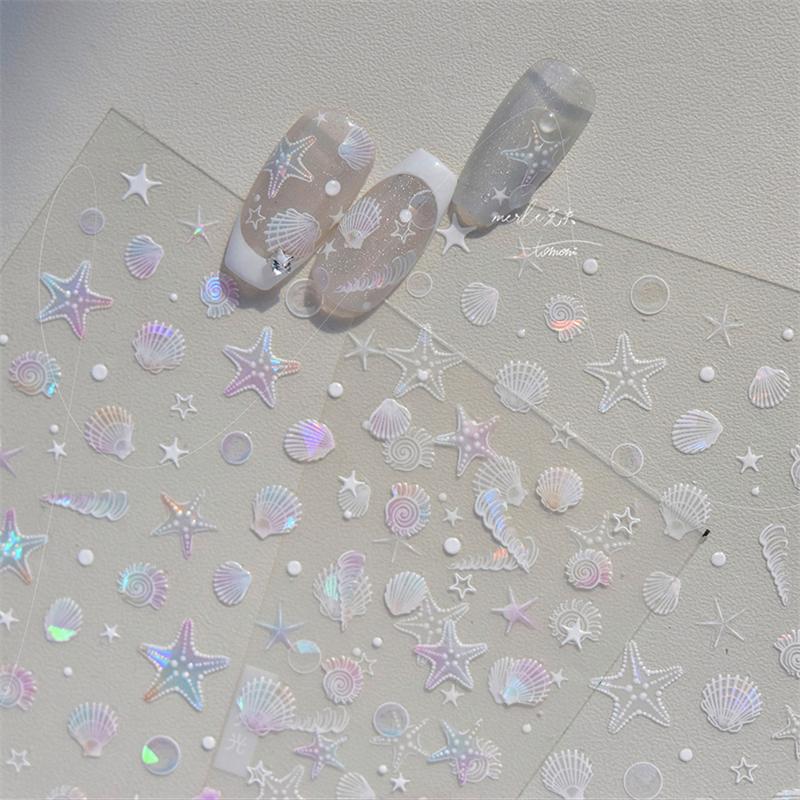 1 Sheet Ocean Shell Jellyfish Nail Stickers Colorful Shell Conch Seastar Adhesive Nail Decal Mermaid Aurora Beach Shell Slider