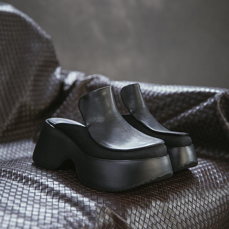 Johnature Height Increasing Outdoor Platform Slippers Genuine Leather Round Toe Thick Soled Women's Shoes