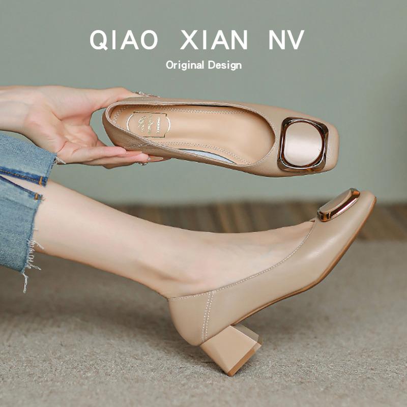 Giant soft~ French leather square head soft leather single shoes versatile temperament thick heel light mouth spring and autumn shoes professional
