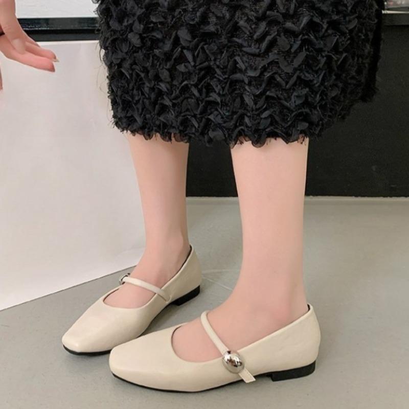 Fashion Low-heeled Single Shoes Autumn New Square-toe Shallow-mouth Metal Buckle One-band Soft-soled Low-top Shoes