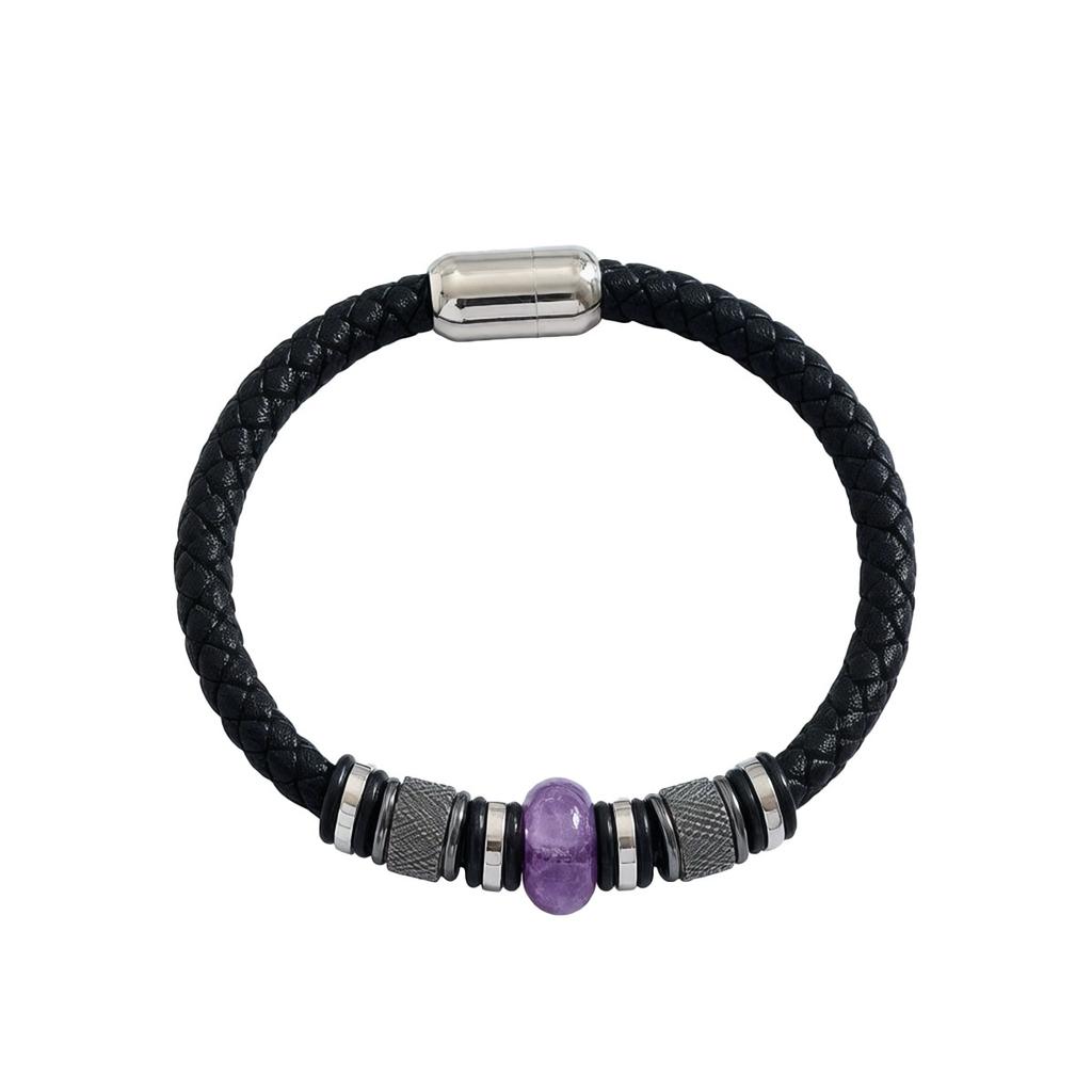 Custom Jewelry No Tarnish 5Pcs Black Cowhide Bracelet Set Silver Spacer Natural Stone Stackable Wrist Jewelry Men Street Style
