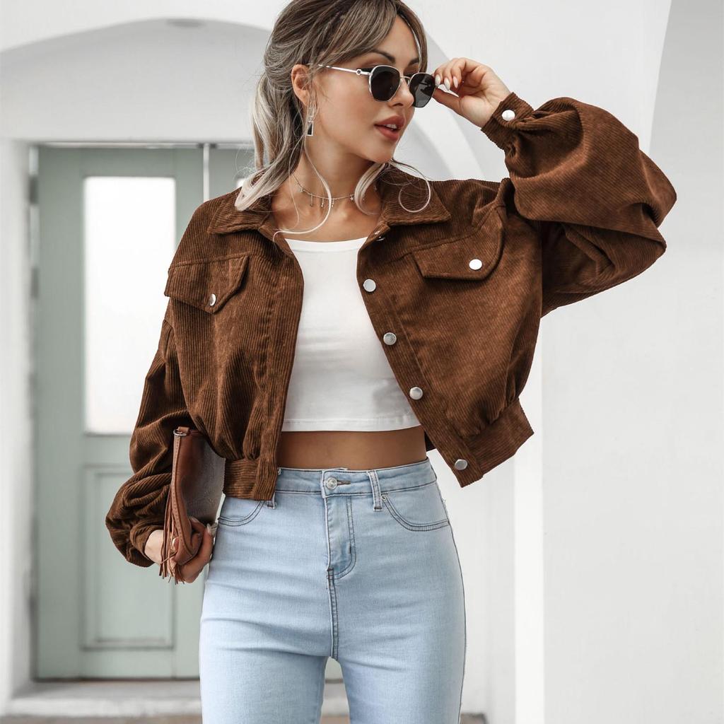 Kadın Vintage Günlük Düz Renk Desen Sonbahar Kış Uzun Kollu POLO Yaka Ceketler ve Montlar