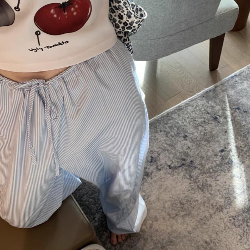 Women's Summer Thin Blue Vertical Stripe Wide-Leg Lounge Pants - Loose Drawstring Casual Cooling Trousers for Walking