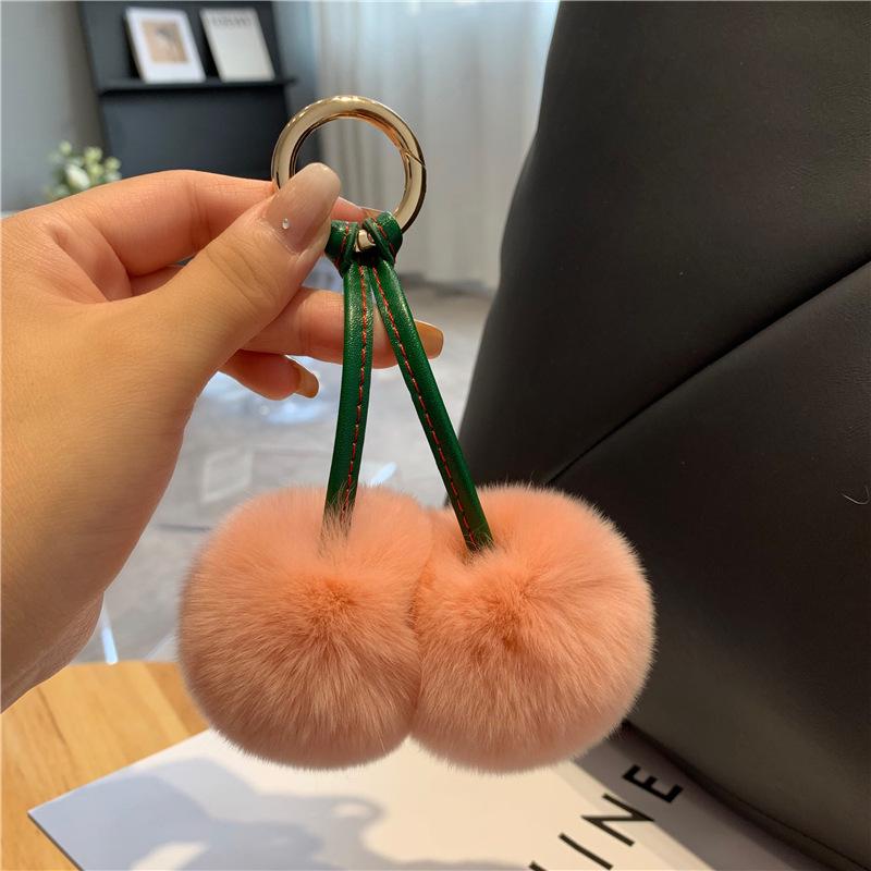 Cherry Blossom Faux Mink Fur Keychain - Cute Cherry & Plush Ball Accessory Cherry with Ring