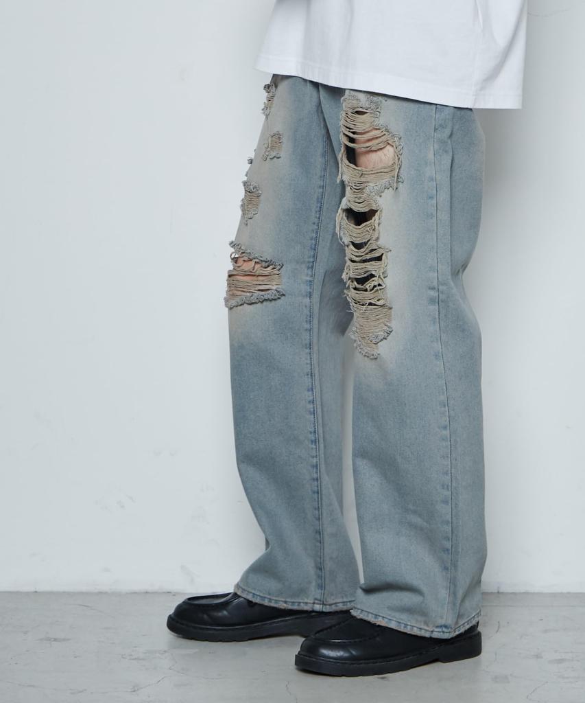 WEGO Unisex Distressed Denim Denim Vintage American Size Denim Men's Wide-Leg Pants, Trousers, Bottoms, Streetwear, Casual, Spring, Summer, Autumn,