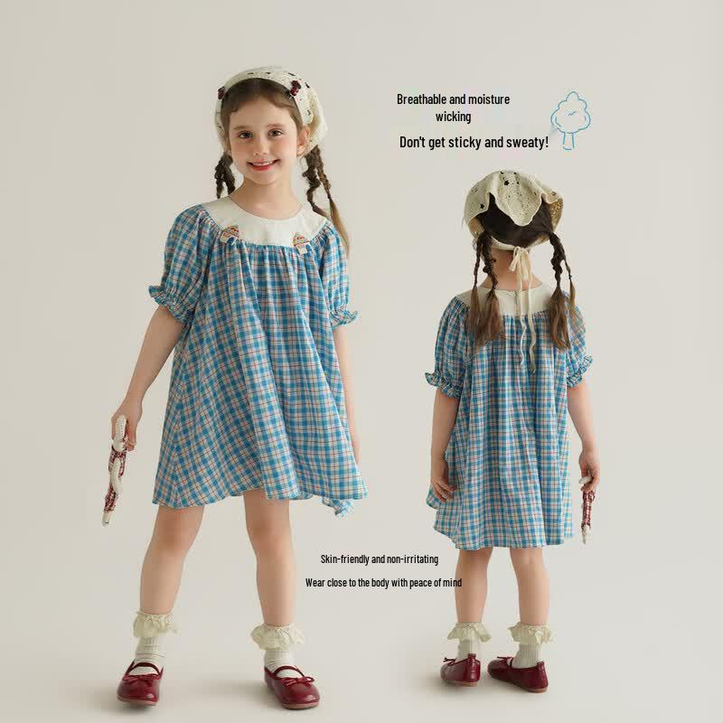 Girls  Retro Plaid Puff Sleeve French Princess Dress 90