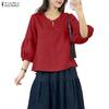 ZANZEA Women Casual Round Neck Solid Color 3/4 Sleeve Blouse
