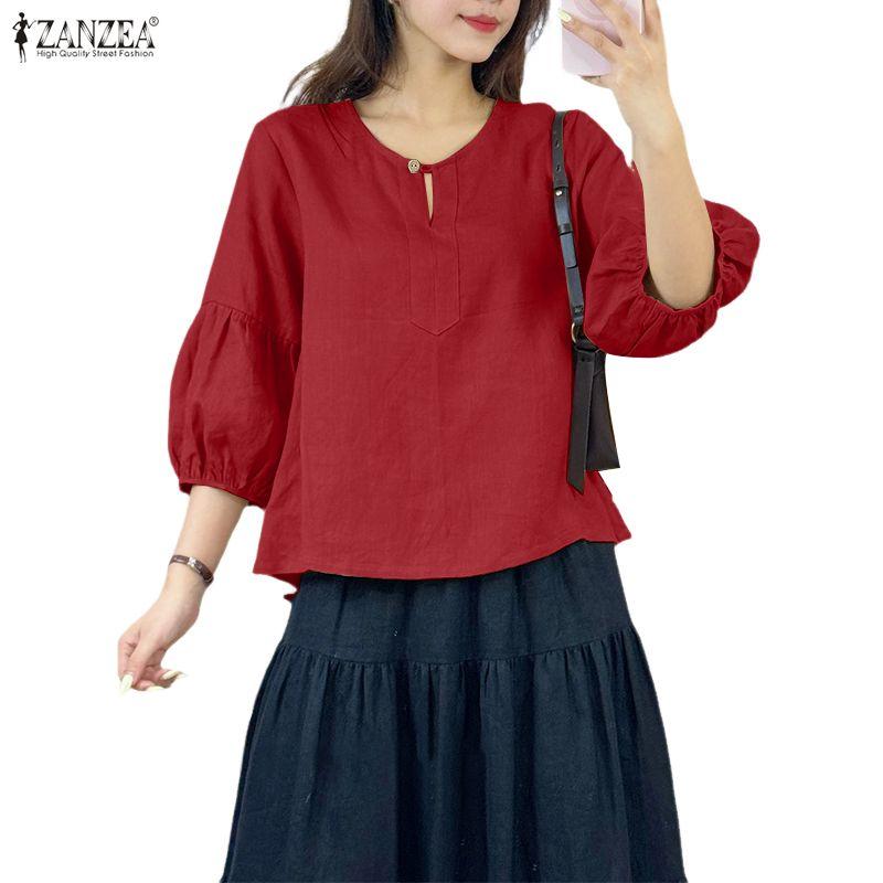 ZANZEA Women Casual Round Neck Solid Color 3/4 Sleeve Blouse