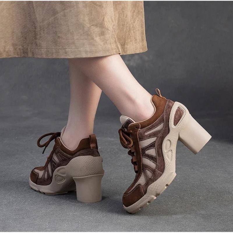 Johnature Fashionable Breathable Sports Style High Heels Mixed Colors Versatile Lace-up Women's Shoes