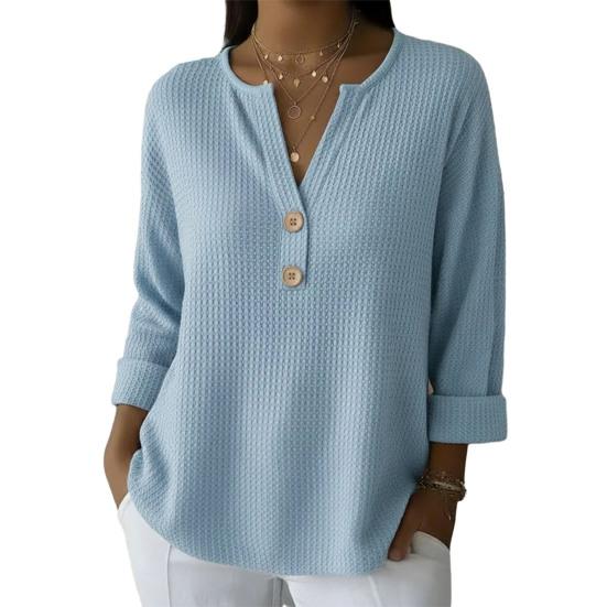 

Жіночі топи з V-подібним вирізом, на ґудзиках, з напівпланкою, з довгим рукавом, пуловери, однотонні, вільного крою, вафельної текстури, м які, еластичні, повсякденні XL світло-синій колір