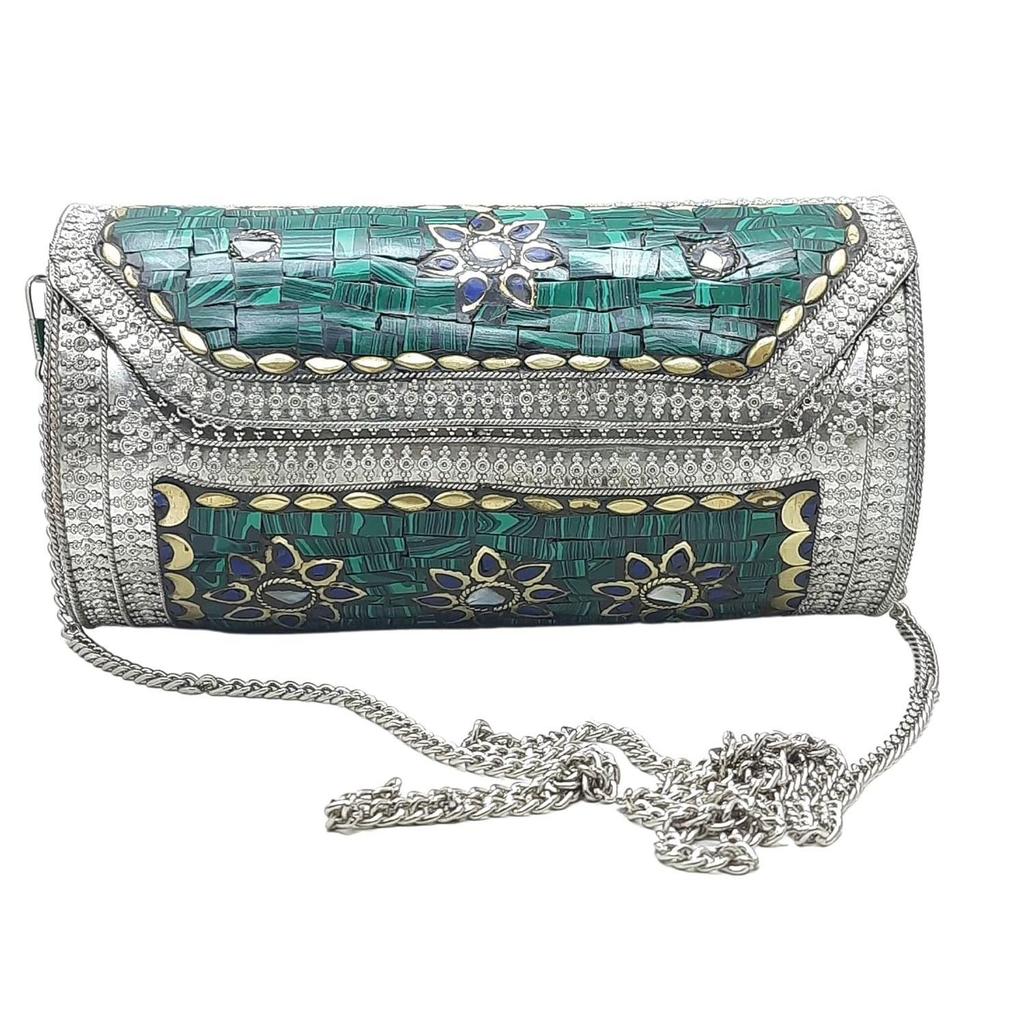 Eye Catching Handmade Cylinder Round Ethnic Stone Metal Bag Antique Bridal Clutch