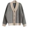 Autumn retro knitted cardigan women's striped lazy wind V-neck sweater jacket women's loose thickened outerwear top
