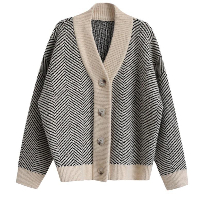 Autumn retro knitted cardigan women's striped lazy wind V-neck sweater jacket women's loose thickened outerwear top