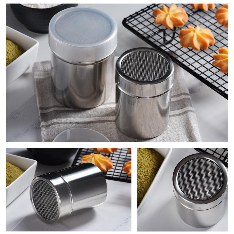 [i Cafilas][SS] 1PC Stainless Steel Chocolate Shaker Cocoa Flour Sugar Powder Coffee Sifter +8 PCS Coffee Stencils Template +1 Gold Spoon