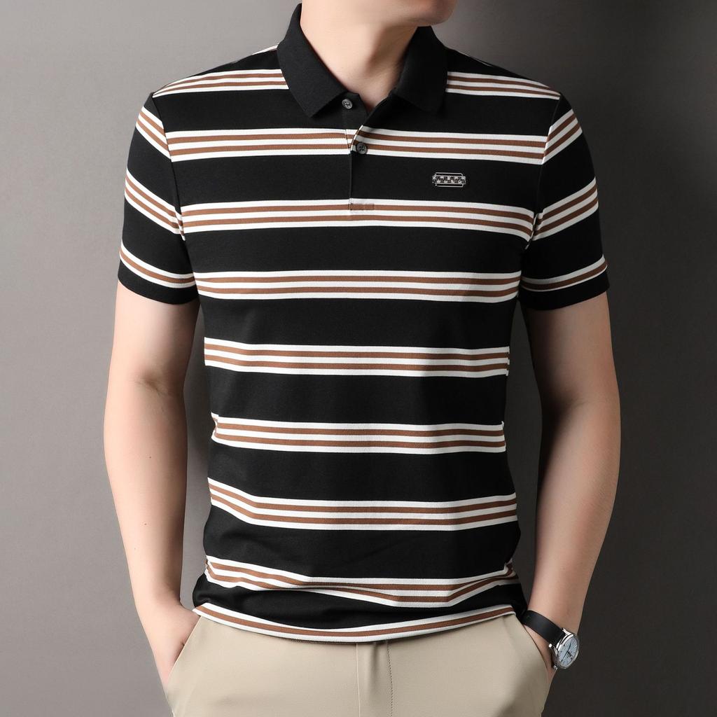 Striped Polo Shirt Men'S Short-Sleeved Lapel Neck Loose Pullover High-End Breathable Non-Ironing Bottoming Shirt