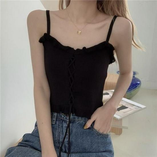 Plus Size Women s Short Ruffled Knit Top with Tie-Up Camisole - Summer Inner Wear One size (80-100 jin) чёрный