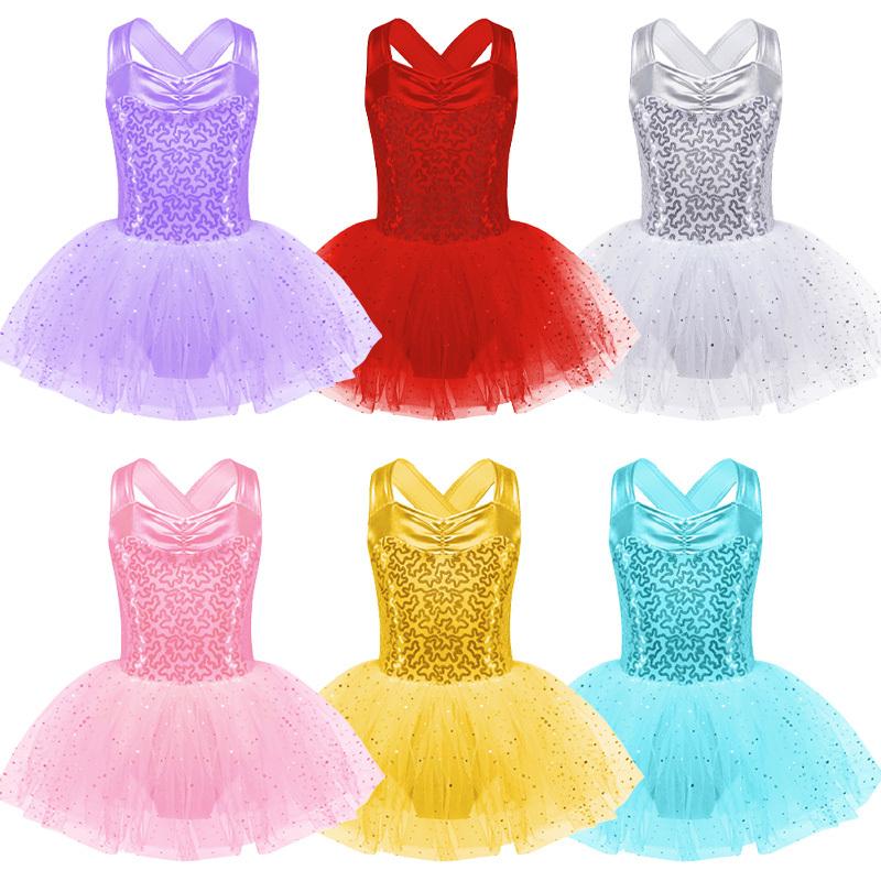 Vestito da Ballo in Rete Tutù Senza Maniche per Bambine Ragazze, Scollo a V Arricciato, Paillettes Lucide, Incrociato sulla Schiena Vuota