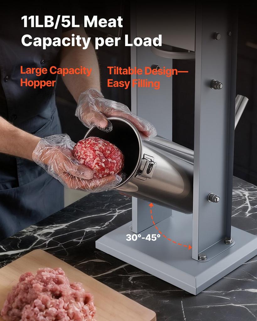 Manual Sausage Stuffer, 11 LBS / 5 L Vertical Meat Stuffer, Heavy Duty Sausage Casing Meat Stuffing Machine, Dual-Speed Stainless Steel Filler with 5