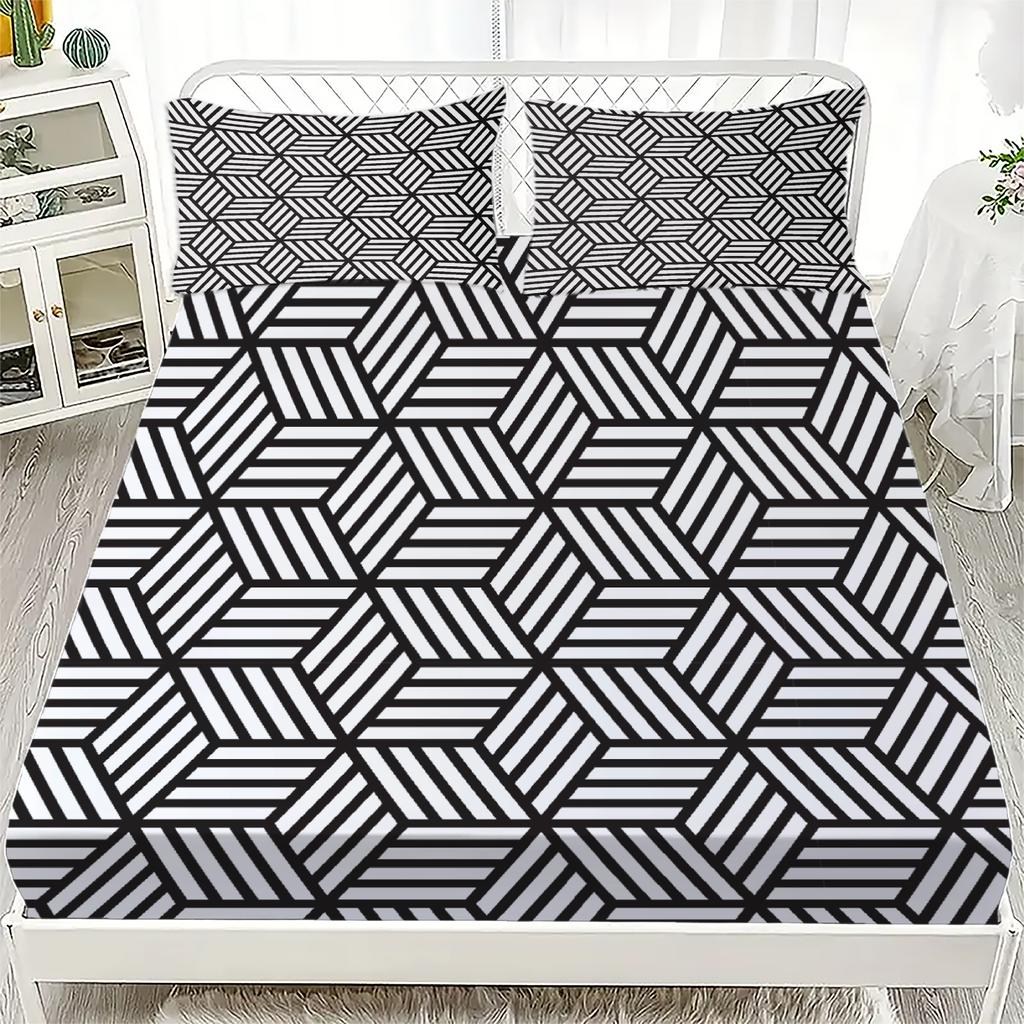 1pc Black White Fitted Sheet Geometry 3D Printed Linear Nordic Style 100% Polyester Flat Sheet Room Decoration For Adult Teen