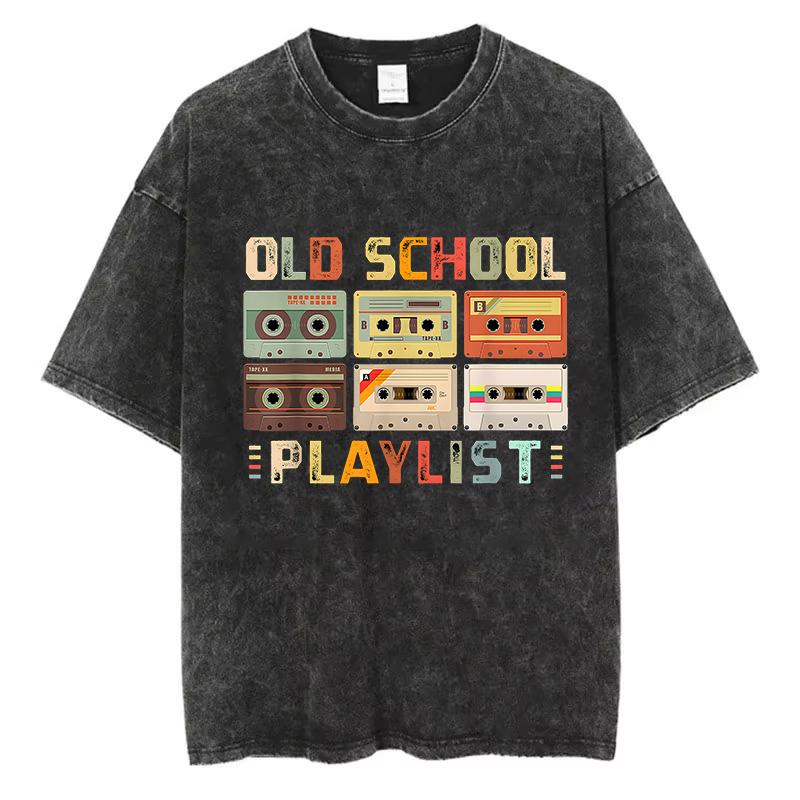Old School Playlist TShirt Washed Cotton Graphic Tee Men Women Vintage Acid Wash Retro Cassette Tape Streetwear Top S