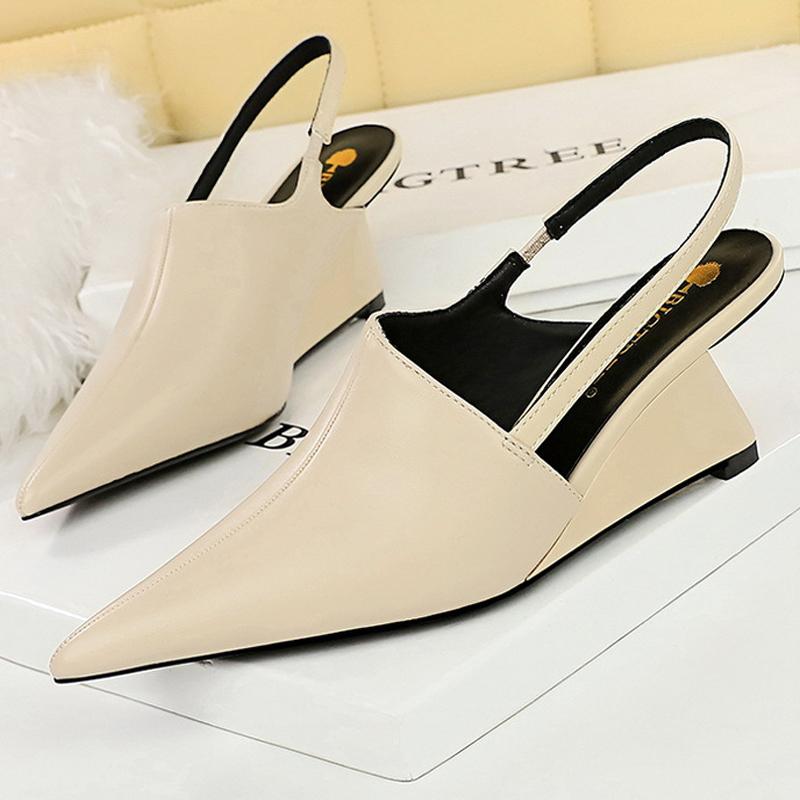 

BIGTREE Shoes Women Pumps New Designer Wedge Heels Shoes Hollow Back Strap Sandals Women shoes pointed end Wedges Office shoes 35