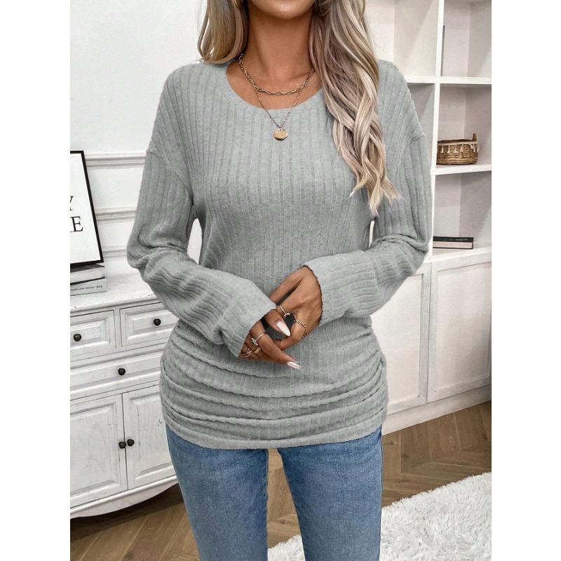 Women's Fashion Casual Spring Fall Solid Color Print Long Sleeve O-Neck Blouses & Shirts