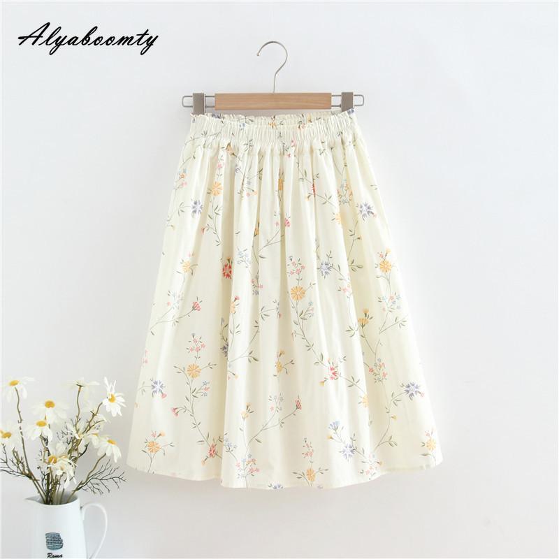 Letní dámský japonský styl Preppy Sukně A-Line Pružný pas Meruňkový květinový potisk Bavlna Sladké sukně Dámské