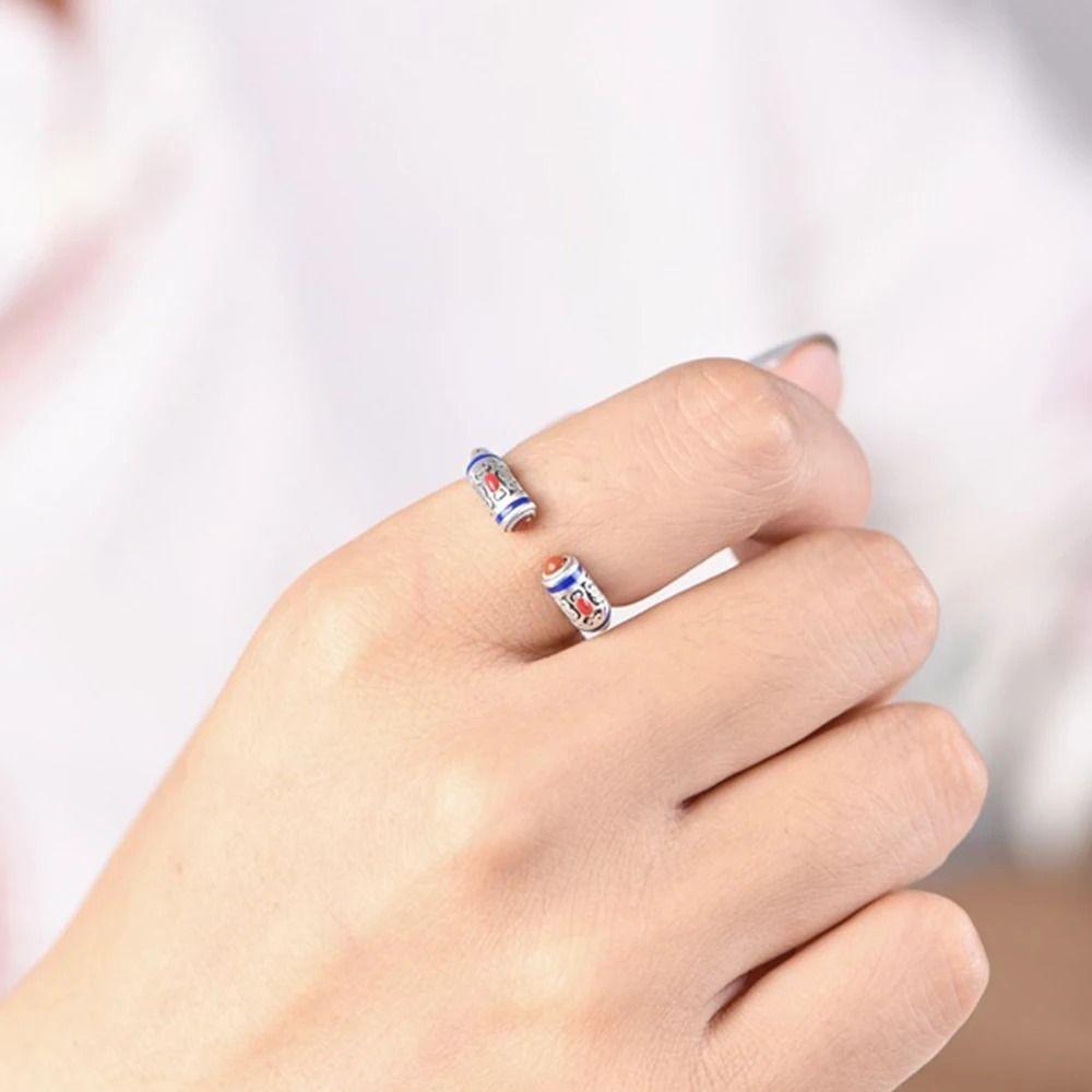 Heart Sutra Carving Ethnic Ancient Style Ring Flower Engraving Silver Color Open Rings Women