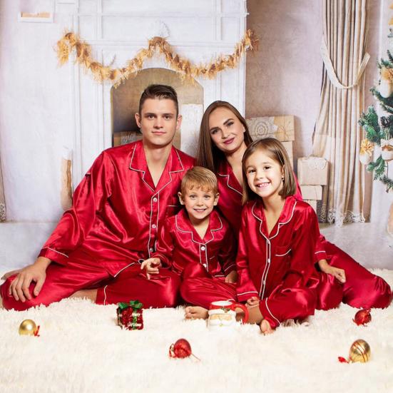 2Pcs/Set Christmas Pajamas Set Family Matching Xmas Pajamas Set Solid Color Smooth Fabric Festive Family Sleepwear