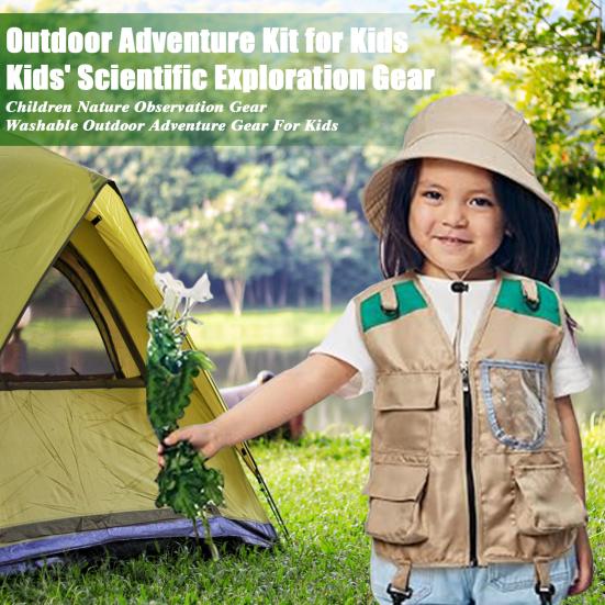 Kids Outdoor Adventure Kit Explorer Vest And Hat Set Pretend Play And Nature Exploration Gear Set for Young Explorers Camping Fishing Cosplay Costume