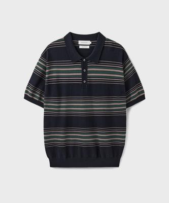 Yunionbeullu Hard Twist Gatherwell Stripe Polo Knit [Deep Forest]