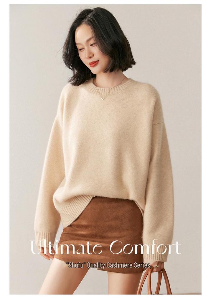 Women's Cashmere Knit Sweater: 2026 Autumn/Winter, Round Neck, Solid Color, Thickened Warm, Lazy Style.