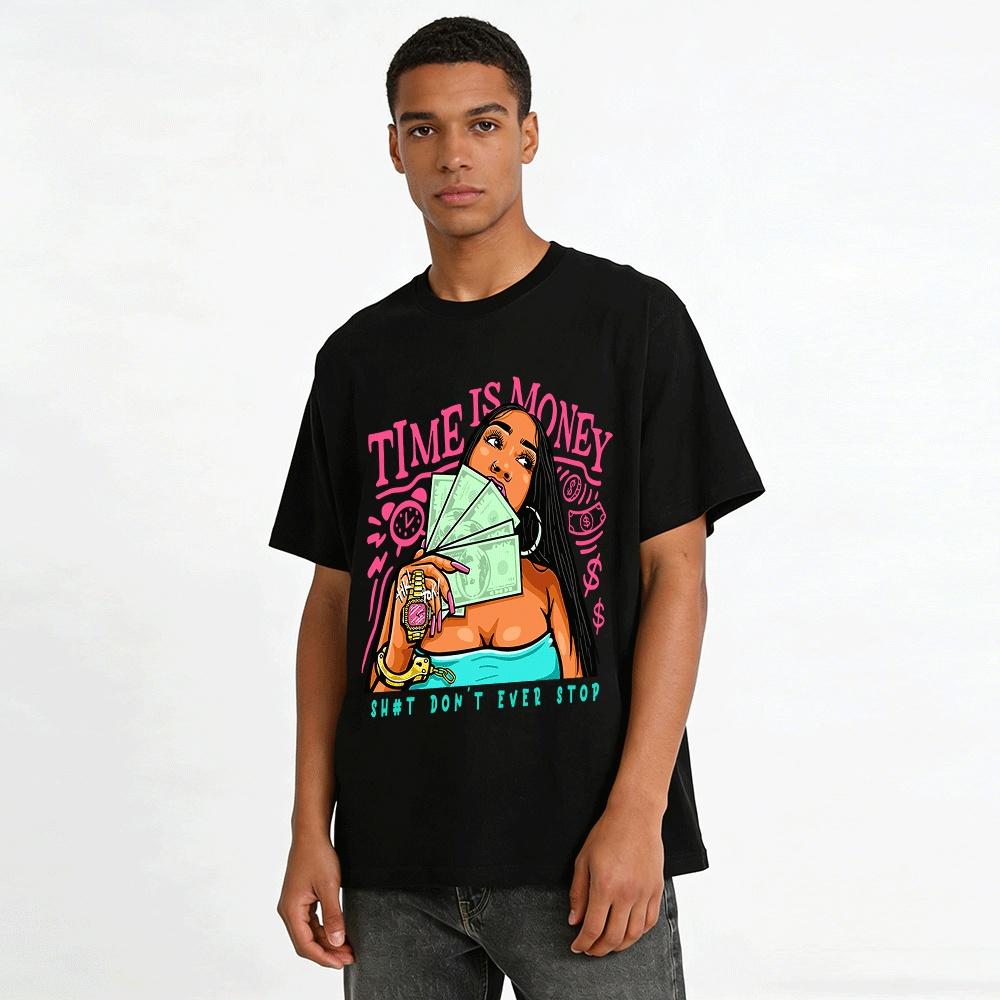 Time Is Money Trendy Graphic Tee Hip Hop Money Print Streetwear Top Pure Cotton T-shirt