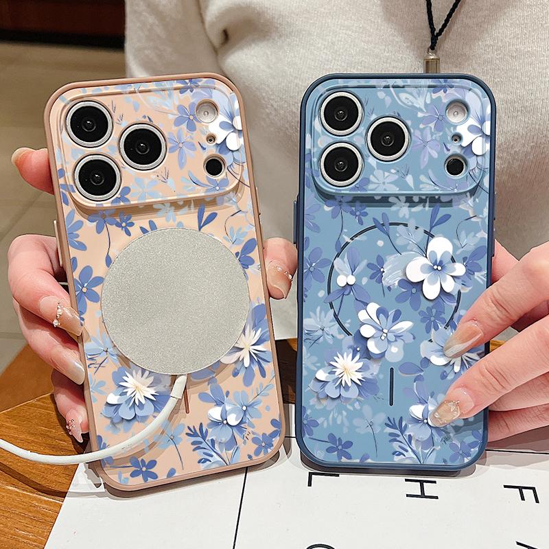 Magnetic For Magsafe Case For iPhone 17 Pro Max Blue and White Flowers Pattern Skin Feeling Cover For iPhone 16 15 14 13 Pro Max