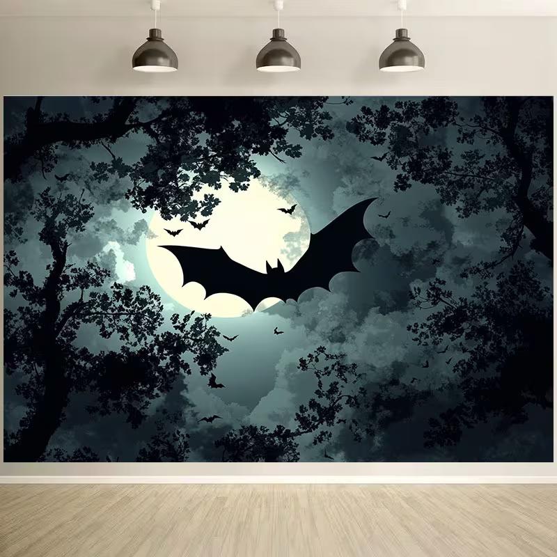 2D Dark Forest Bat Silhouette Background for Halloween Decoration 47.2x31.5inch/120*80cm