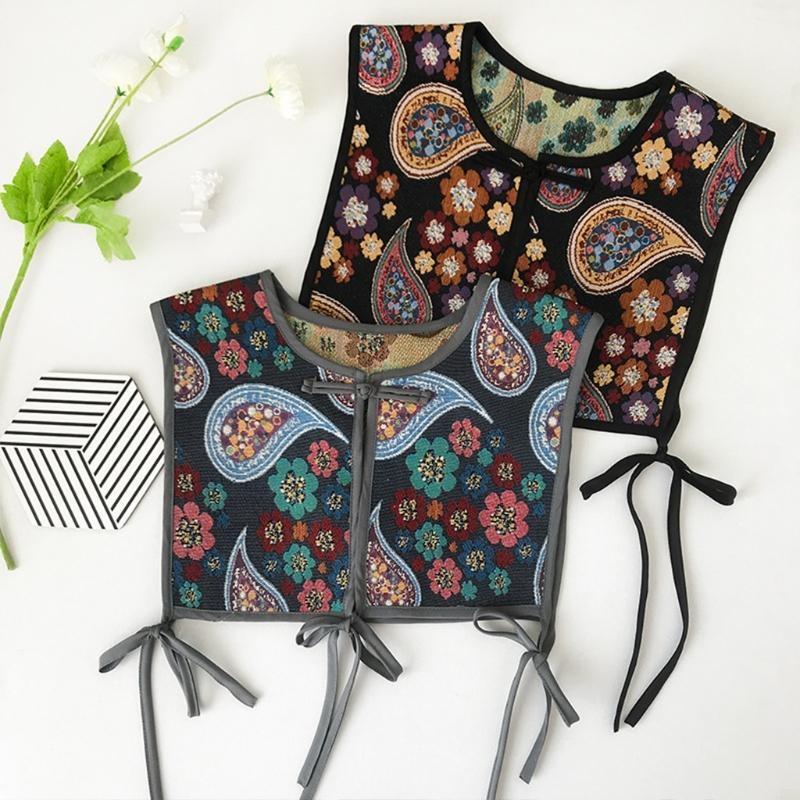 Women Chinese Embroidery Half Top Shawl Vintage Flroal Cheongsam Fake Collar Lace-Up Decorative Neck Cover Dickey Short
